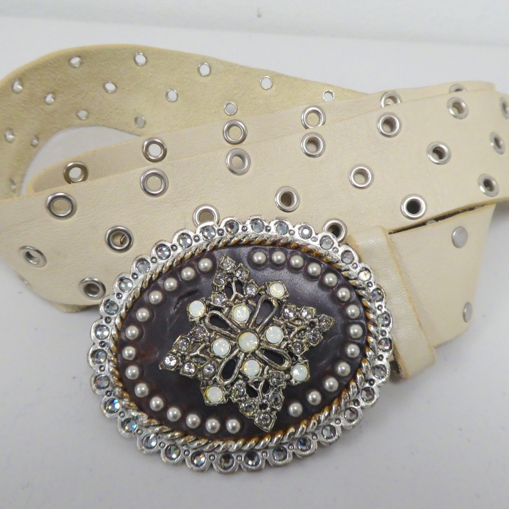 LEATHEROCK BELT white crystal studded belt USA L